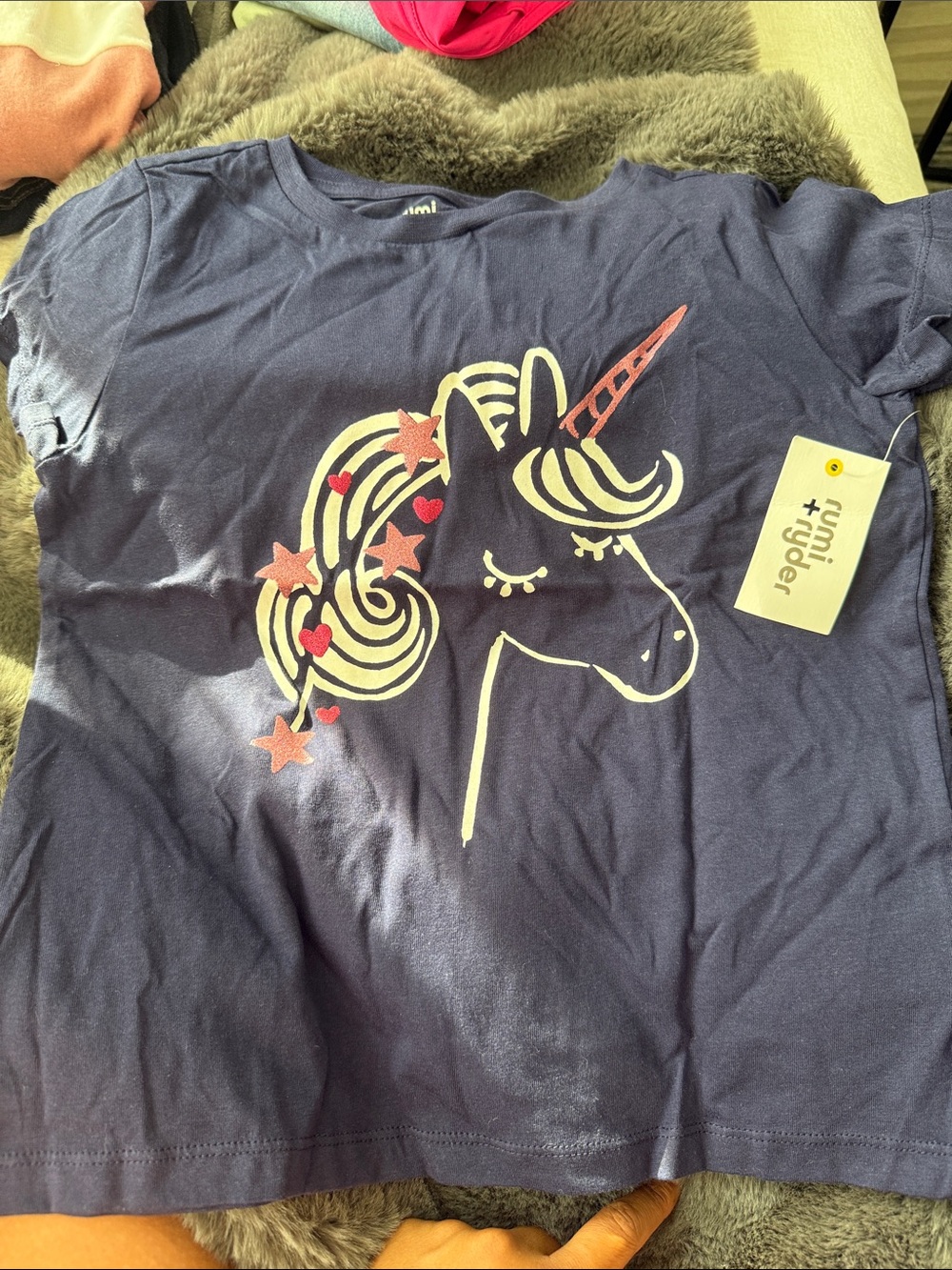 Cat & Jack Navy Short Sleeve Unicorn Tee with Pink & Cream Accents